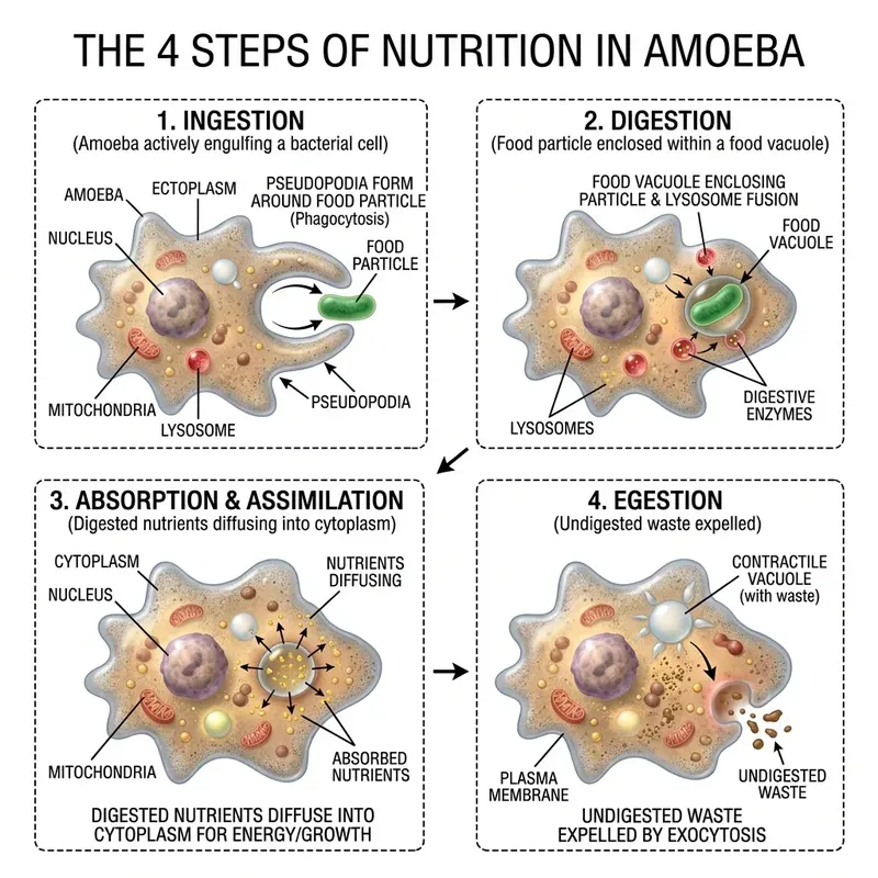 Nutrition in Amoeba flowchart steps