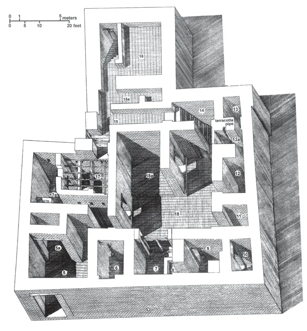 Isometric drawing of a large courtyard house in Mohenjodaro
