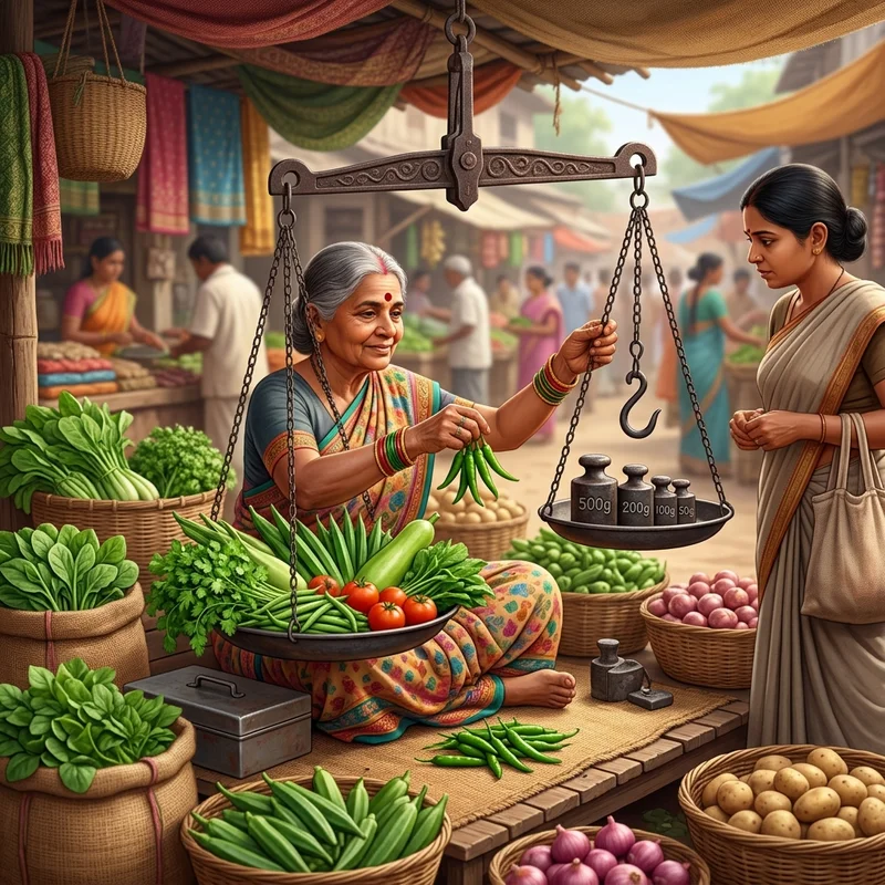 A vegetable seller using a pan balance