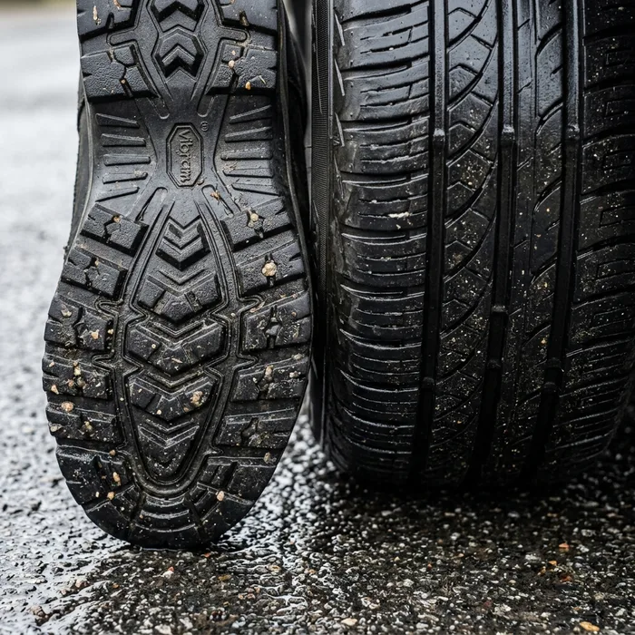Shoe sole grooves and tyre treads close-up