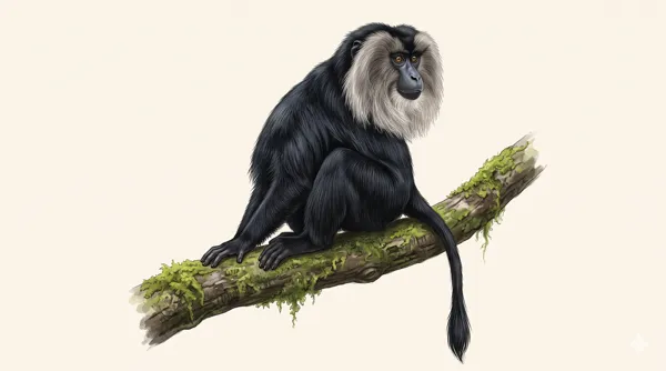 Lion-tailed macaque, a dark monkey with a silver mane