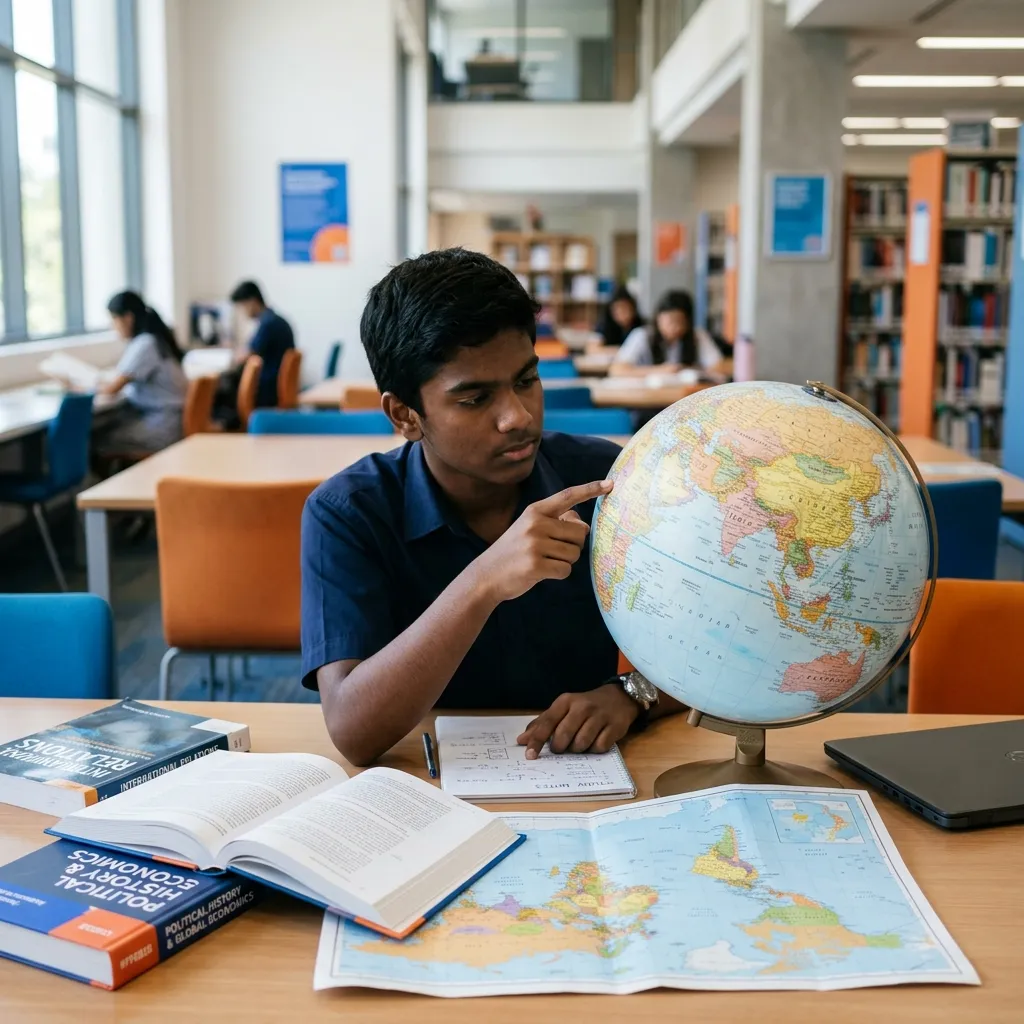A senior secondary Indian student analyzing a globe and humanities textbooks in a library