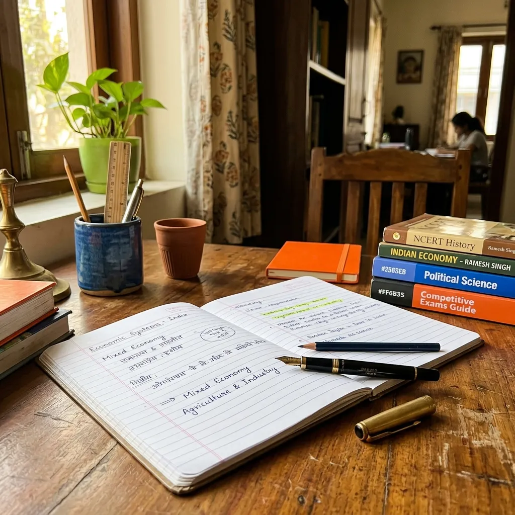 Focused student workspace in an Indian context with open notebook and study materials under soft natural light